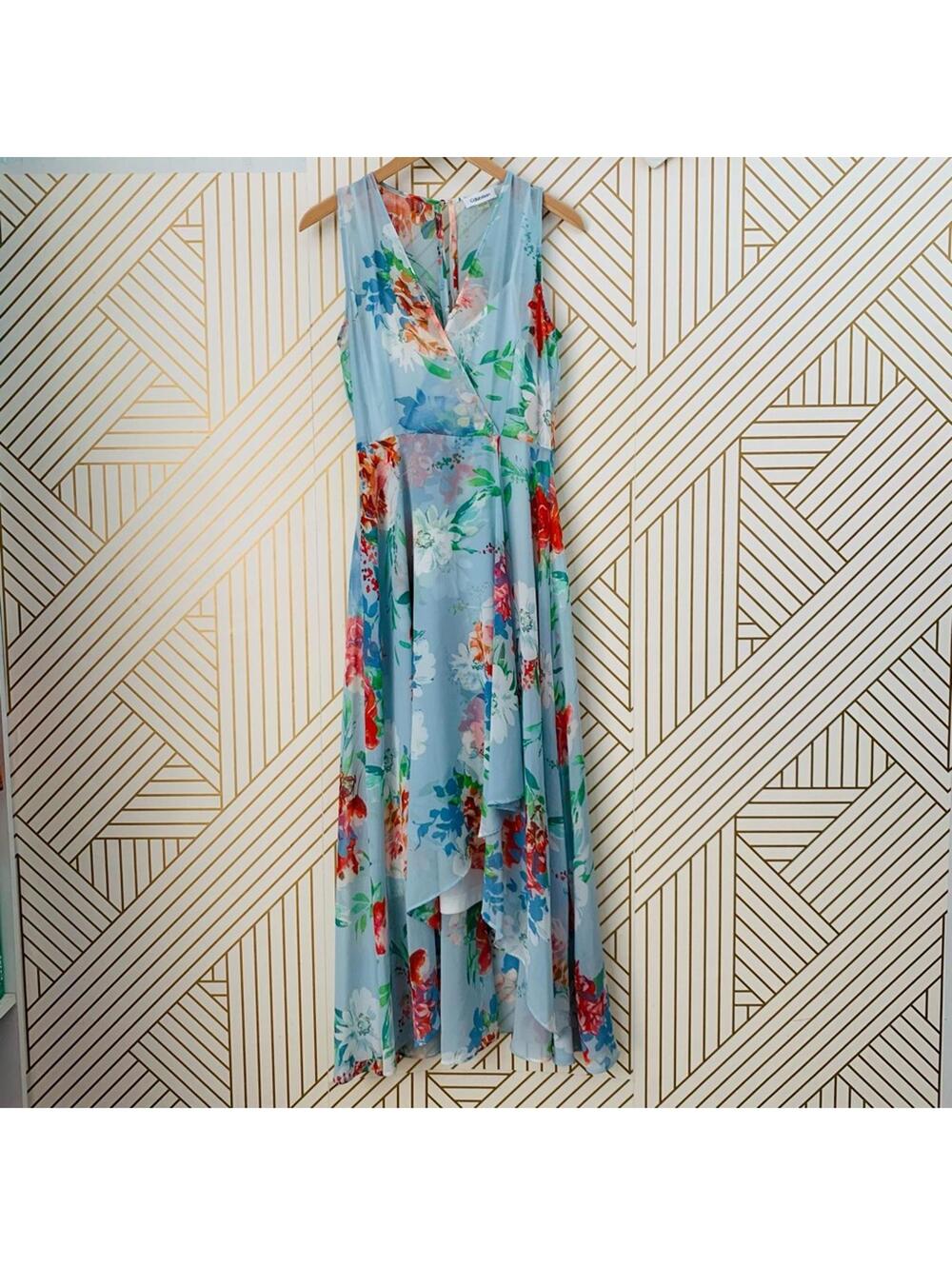 Calvin Klein V Neck Floral Chiffon flutter Ruffle Dress Fairycore fairy wrap 4